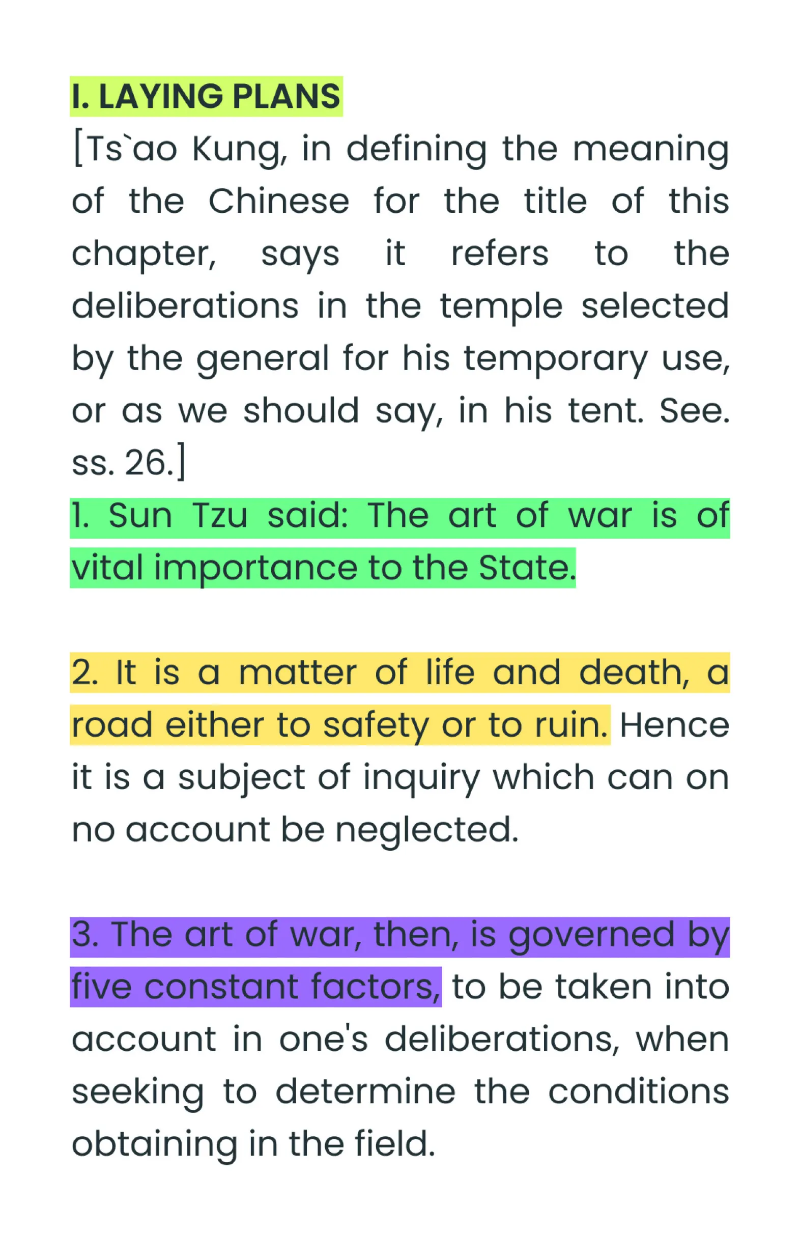 Simpleread reading interface displaying 'The Art of War' book with highlighted passages